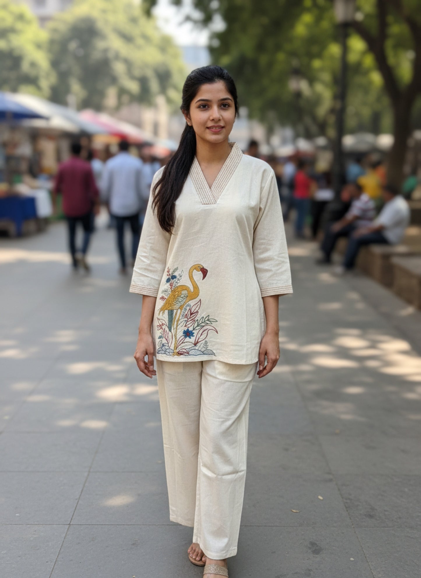 Kurti - Color Flamingo Embroidery