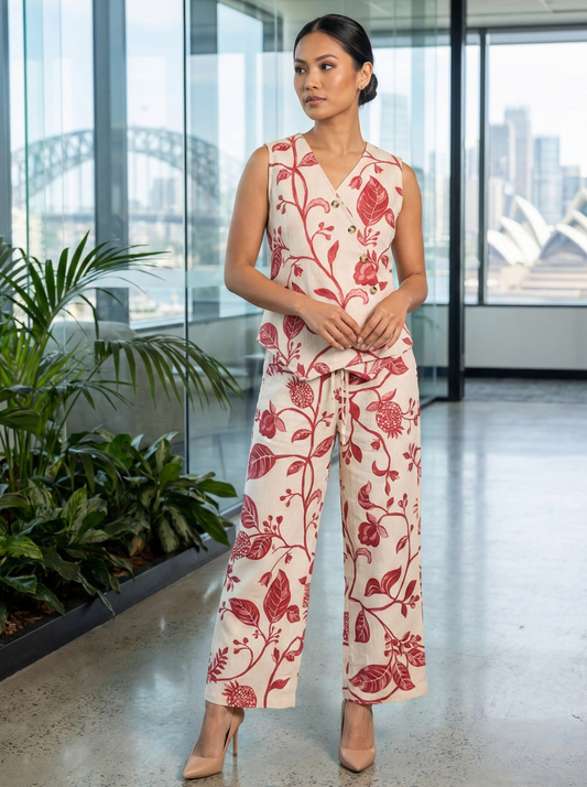 Co-ord set - Beige with Red floral print