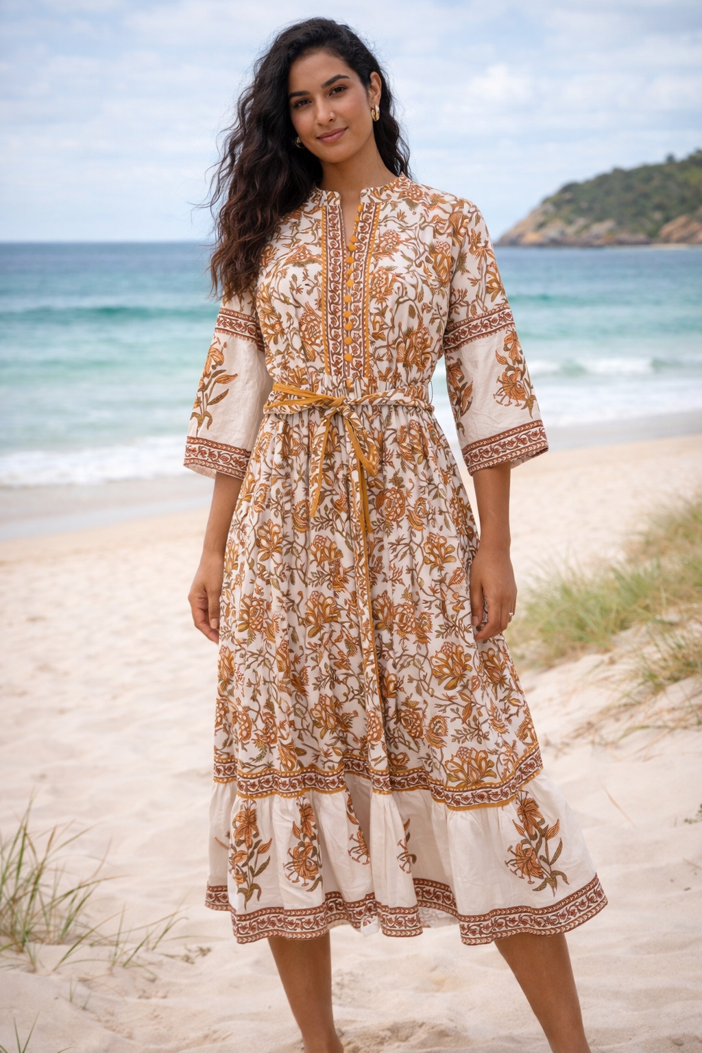 Dress - Full length floral brown print with belt