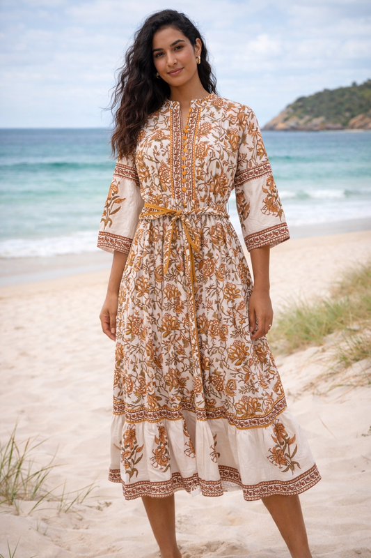 Dress - Full length floral brown print with belt