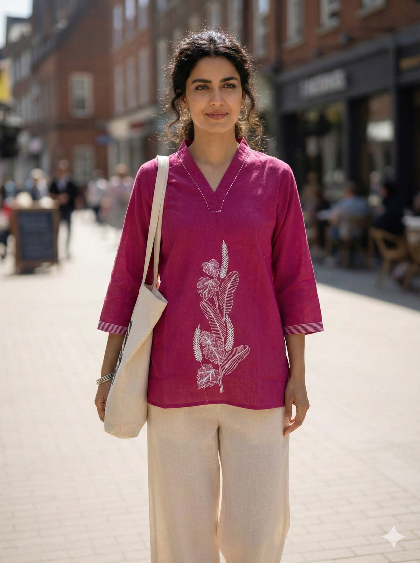 Kurti - Leaf embroidery Dark Red