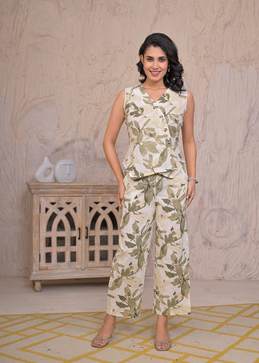 Co-ord set - Beige with Green floral print