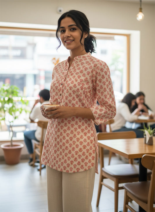 Kurti - All-over block-inspired Red print