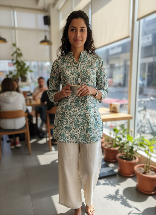 Kurti - Classic Floral Green Blue