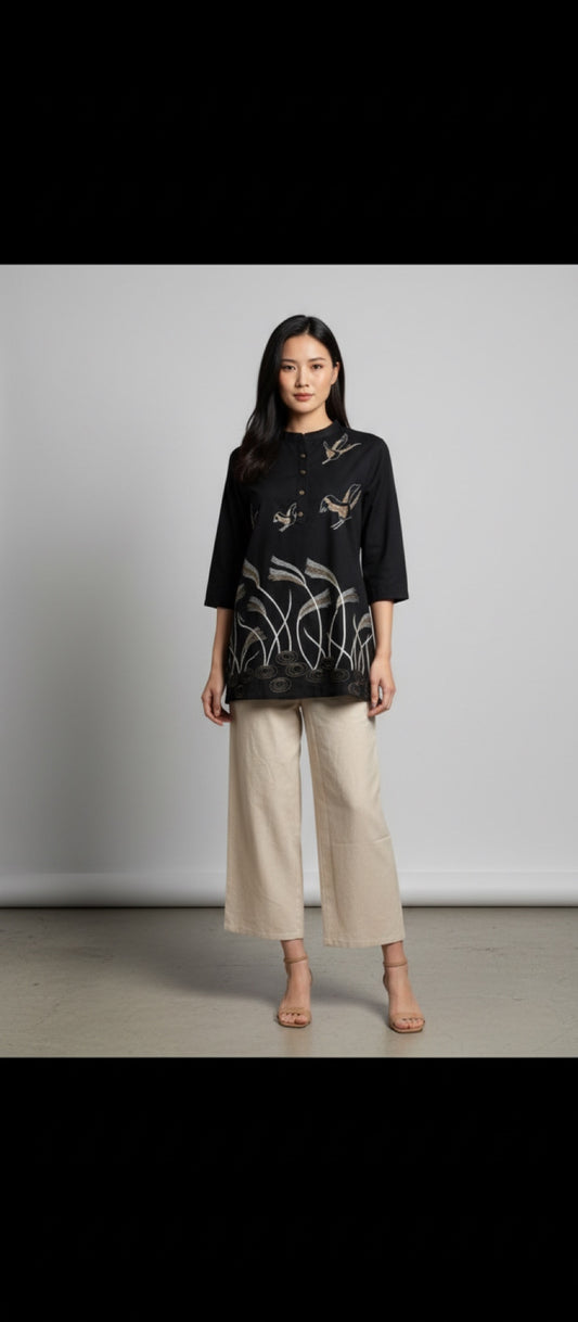 Kurti - Black nature-inspired motifs