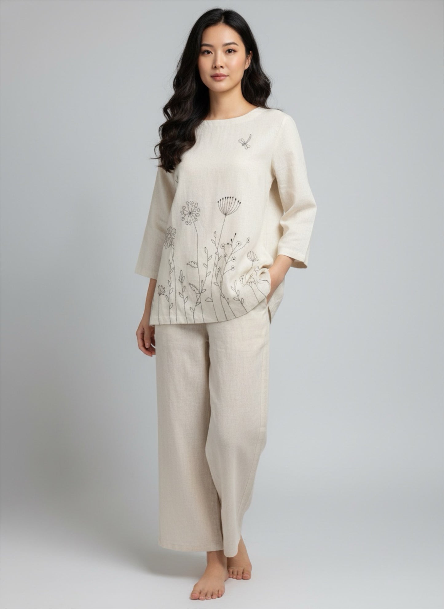 Kurti - Floral embroidery - White and pink